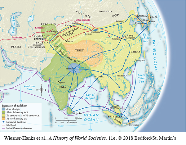 The area of origin for Buddhism is a small area right around Sarnath.  During the 5th to 2nd century B.C.E. it spread to the entire Indian peninsula, as well as northward to the Kushan Empire.  During the 2nd century B.C.E. to 3rd century C.E. it spread eastward through all of Central Asia, including China, Vietnam, and Sumatra but excluding Tibet.  During the 3rd to 8th century C.E. it spread to Tibet, Japan, and Korea.