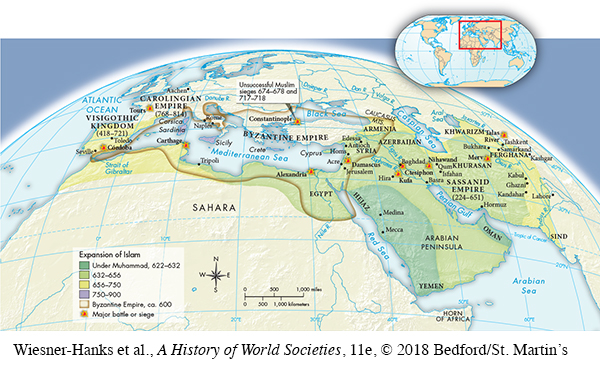 Map shows how Islam spread.  The area along the coast of the Red Sea in the Arabian Peninsula, as well as Oman near the Persian Gulf is shaded to indicate Islam was prevalent here under Muhammad, 622-632.  The remainder of the Arabian peninsula, most of the area to the west of the Persian Gulf, as well as northern Africa from the Nile to Tripoli is shaded to represent expansion during 632-656.  The area of northern Africa west of Tripoli, modern-day Spain, and the very western area of the map are shaded to represent expansion during 656-750.  The Island of Sicily is shaded to represent expansion from 750-900.  Most of the area bordering the Mediterranean Sea is shaded to indicate that it was part of the Byzantine Empire, ca 600.