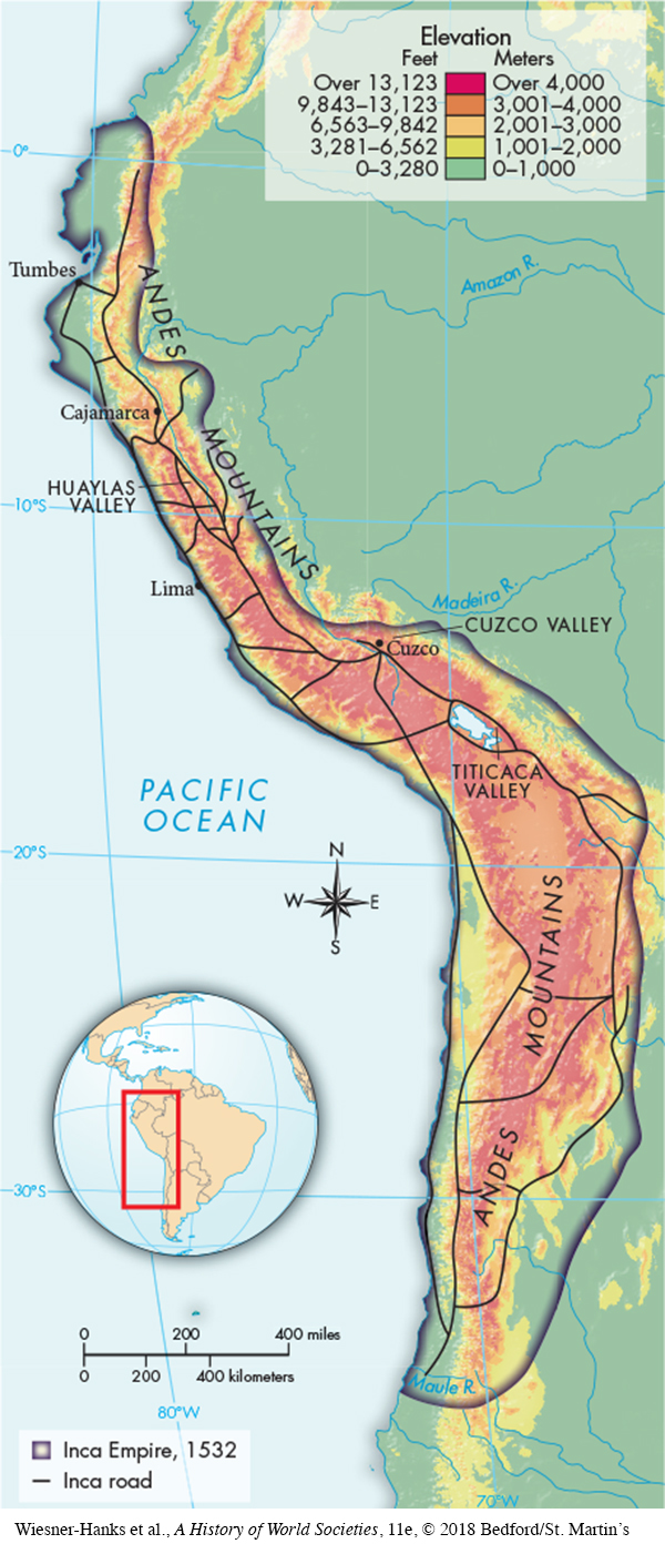 Map shows the area of the Incan Empire to be on the west coast of South America, from the Equator down to the Maule River.  The Incan Empire is bordered by the Andes Mountains to the east and the Pacific Ocean to the west.
