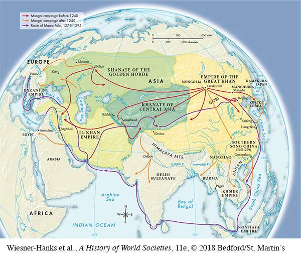 Map shows how the Mongol empire was divided into four khanates: Khanate of Central Asia in the center; Khanate of the Golden Horde in the northwest; Il-Khan Empire in the southwest; and Empire of the Great Khan in the east.  The map also shows Mongol campaigns before 1240.  Most of these started in Karakorum in Mongolia, heading to the Korean peninsula, northern China, into central Asia, Bulgar, and down to the Tigris River.  It then shows the Mongol campaigns after 1240.  These went into southeast Asia, the Indian peninsula, Jerusalem, and Eastern Europe.  Finally, it shows the route of Marco Polo, 1271-1295.  He started in the northern part of the Arabian peninsula, south through the Persian Gulf, north through modern day Iran and Afghanistan and into China, then south along the East and South China Seas, through the Bay of Bengal, around the west coast of the Indian peninsula, through modern day Turkey and through the Black and Mediterranean Seas until finally ending up in Venice.