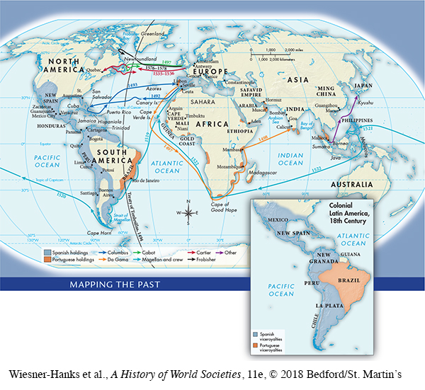 Map shows different routes of different explorers. It shows: Christopher Columbus traveling from Spain to Central America in 1492 and back to Portugal in 1493. Da Gama traveling from Portugal along the Cape of Good Hope then on to  Mombasa in 1497 and then onto Calcut in 1498. Cabot traveling from England to Newfoundland in 1497. Magellan and crew traveling from Spain south through the Atlantic Ocean around Cape Horn in South America in 1519 and then west across the Pacific Ocean in 1520, landing in the Philippines in 1521.  They then travelled across the Indian Ocean along the Cape of Good Hope back to Europe. Cartier traveled from Europe to Quebec from 1535-1536. Frobisher traveled from England to Newfoundland in 1576. Other travelers traveled form Malaca to Japan. Florida, the southern part of the United States, Central America, and all the way down the West coast of South America are listed as being in control of Spain.  Brazil is listed as a Portuguese holding.