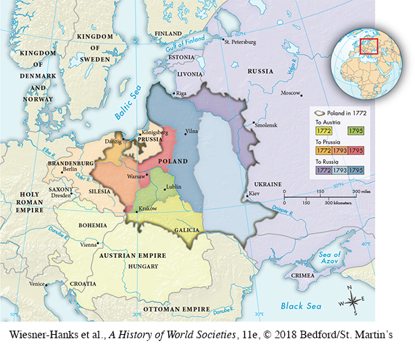 Map shows how Poland was divided.  The southwest part of Poland went to Austria in 1772.  The central part of the west (including the cities of Lublin and Krakow) went to Austria in 1795.  The very northwestern tip including the city of Danzig went to Prussia in 1772.  The area to the south bordering Germany went to Prussia in 1793.  The central area went to Prussia in 1795.  The very eastern part of Poland went to Russia in 1772.  The central part went to Russia in 1793.  Finally the very central part went to Russia in 1795.