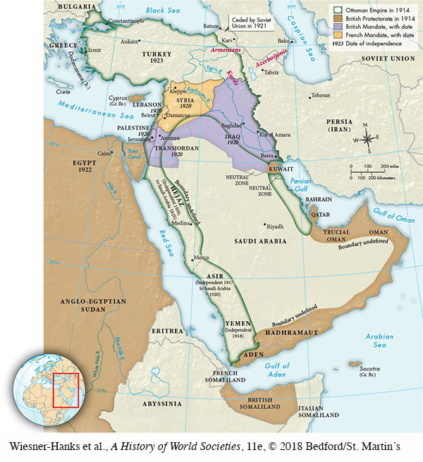 Map shows how the Ottoman Empire was partitioned.  Map shows the Ottoman Empire in 1914 existing across southern Bulgaria, Turkey, the eastern part of Iraq, Seria, western Persia, Palestine, Hejaz, Asir, Yemen, and a narrow stretch of land south of Kuwait to just north of Qatar.  The British Protectorate in 1914 included Egypt, Aden, British Somaliland, Hadhramaut, Oman, Trucial Oman, Kuwait, and Qatar. Iraq (in 1920), Palestine (in 1929), and Lebanon (1920), and Transjordan (in 1929) were part of the British Mandate.  Syria was part of the French Mandate in 1920.
