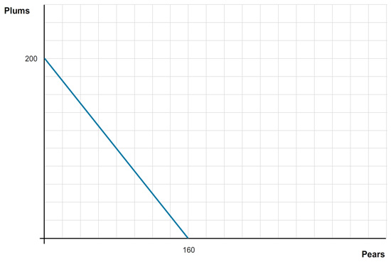 The horizontal axis shows the quantity of pears, while the vertical axis shows the quantity of plums. There is a downward sloping budget line that originates on the vertical axis at 200 and ends at 160 on the horizontal axis.