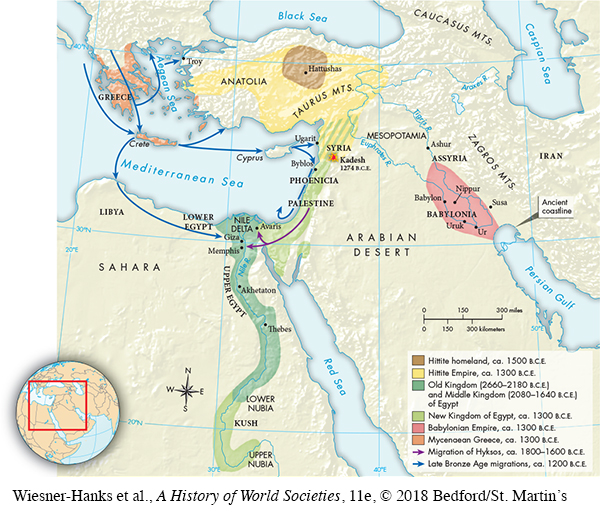 Map shows the Middle East and southern Europe.  Areas of the map are shaded based on where Empires were located during what years.  In chronological order, they are: Hittite Homeland, ca 1500 B.C.E. - brown shading around Hattushas. Hittite Empire, ca 1300 B.C.E. - yellow shading coming up from Syria over the Taurus Mountains to the region of Anatolia. Old Kingdom (2660-2180 B.C.E.) and Middle Kingdom (2080-1640 B.C.E.) of Egypt - dark green shading going north along the Nile River from Lower Nubia to the Nile Delta at the Mediterranean Sea, include cities of Thebes, Akhenaten, Memphis, and Giza. New Kingdom of Egypt, ca 1300 B.C.E. - light green shading going Northeast along the Mediterranean Sea from the Nile Delta to Syria and south from Lower Nubia to Upper Nubia. Babylonian Empire ca 1300 B.C.E. - pink shading moving northwest from the Persian Gulf along the Tigris and Euphrates Rivers, including the cities of Babylon, Nippur, Susa, Ur, and Uruk. Mycenaean Greece ca 1300 B.C.E. - orange shading around Greece and Crete. Blue arrows flow from Greece to Crete.  The arrow then goes from Crete to Egypt, from Crete to Cyprus, and Crete to Anatolia.  A blue arrow flows from Cyprus to Ugarit and Byblos along the coast of the Mediterranean Sea.  These arrows indicate the Late Bronze Age migrations ca 1200 B.C.E. A purple arrow flows from Palestine to Memphis and Avaris, indicating the Migration of Hyksos ca 1640 B.C.E.