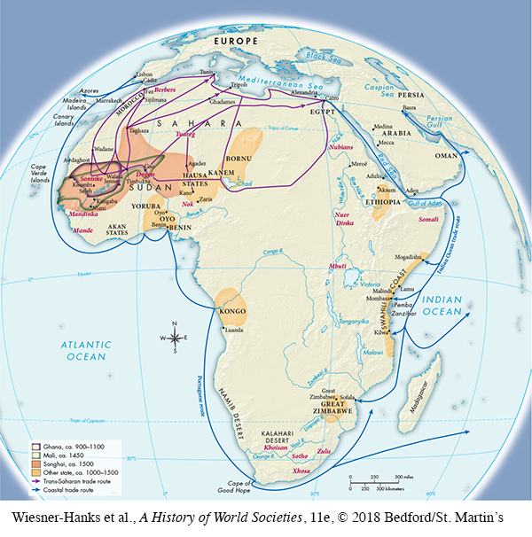 Map shows Ghana, ca 900-1100 to the west of Sudan and Mali ca 1450 around Ghana to the west, south, and east.  Songhai, ca 1500 is located around Mali to the west, south, and east going to Taghaza in the North and Agades to the east.  There are other states in Yoruba, Oyo, Hausa States, Kanem, Bornu, Ethiopia, Kongo, Zimbabwe, and the Swahili Coast.  The trans-Saharan trade route go through all majore cities in northern Africa along the Sahara desert, including the cities of Moroco, Tripoli, Alexandria, and Cairo.  The coastal trade route goes around the entire coast of Africa and the Arabian peninsula.