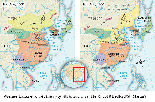 The map of East Asia in 1000 shows 8 countries. From north to south they are: Heian Japan, Koryo Korea, Liao, Tanggut, Song China, Nanzhao, Annam, and Champa. The map of East Asia in 1200 shows Kamakura Japan, Koryo Korea, Jin, Xia, Southern Song China, Nanzhao, Annam, and Champa. Jin is in the area of where Liao was in 1000, only smaller - the western part is no longer part of it, but it expanded southward into what had been Song China.  Xia is where Tanggut had previously been. Annam is slightly smaller than it had been in 1000. All of the other countries are similar in location and size.