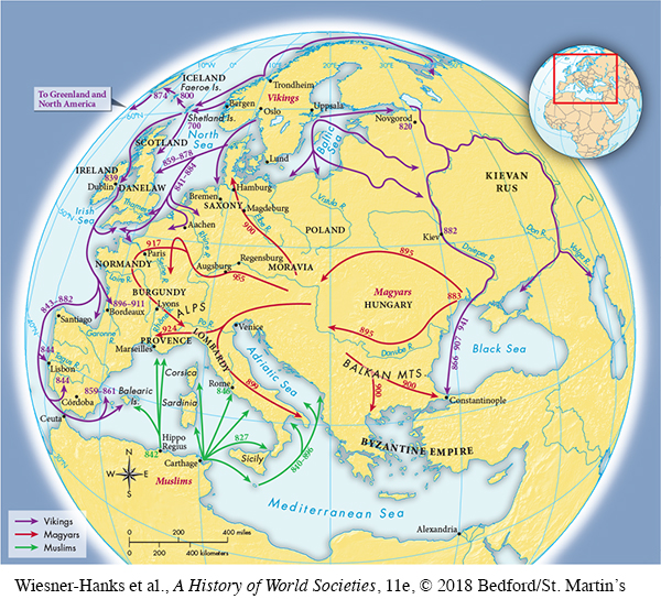 Map of Europe, Asia, and northern Africa.  Map shows the Vikings traveling extensively, starting in Norway and going to north central Asia, Russia, Constantinople, northern Germany, France, Spain, Lisbon, Ireland, and Iceland.  Map shows the Magyars traveling from the north part of the Black Sea through Hungary.  From there they traveled to Italy and France.  The Muslims traveled north from Carthage to Balearic Islands, Corsica, Sardinia, Rome, Sicily and up into the Adriatic Sea.