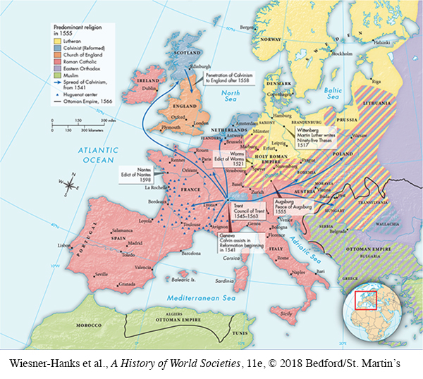 Map shows the prominent religions of different areas in 1555.  Norway, Denmark, Prussia, Sweden, and Finland are Lutheran.  Italy, Spain, France, Portugal, Austria, Ireland, and parts of Germany are Roman Catholic.   Eastern Europe is Eastern Orthodox.  The area of Poland, Lithuania, Prague, and Hungary are shaded to indicate that they were split between Lutheran, Eastern Orthodox, and Roman Catholic.  Scotland and the Netherlands are Calvinist.  England is the Church of England.  Morocco, Algeris, and Tunis are Muslim.  Most of the Greek peninsula is shaded to indicate it is split between Eastern Orthodox and Muslim.