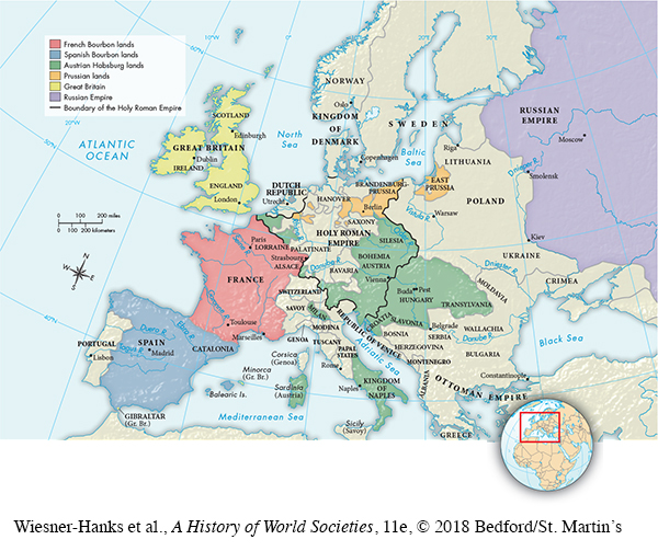 Map shows Europe after the Peace of Utrecht, 1715. The Spanish peninsula (excluding Portugal) is Spanish Bourbon lands.  The area of France is French Bourbon lands.  Austria, Bohemia, Silesia, Hungary, Transylvania, Slavonia, and Croatia are Austrian Habsburg lands.  Prussia, East Prussia, and Hanover are Prussian lands.  England, Ireland, and Scotland are Great Britain.  The area east of Poland is the Russian Empire.