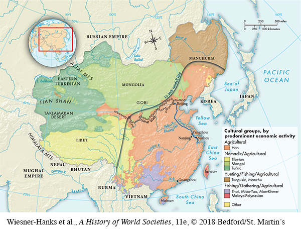 Map shows where in the Qing Empire different culture groups lived. They are grouped by economic activity.  It shows: Agriculture - Han.  They resided in a small, central part of the Qing Empire, along the southwest border of Mongolia. Nomadic/Agricultural - Tibetan.  They reside in the southwestern most part of the map of the empire, in Tibet. Nomadic/Agricultural - Mongol.  They reside in the north central part of the empire, in Mongolia. Nomadic/Agricultural - Turkic.  They reside in the northwestern most part of the empire, sharing a border with Tibet and Mongolia, wrapping around Mongolia at its northwest border. Hunting/Fishing/Agricultural - Tungusic, Manchu.  They are in the northeastern most part of the empire in Manchuria, bordering Mongolia in the west and the Sea of Japan in the east. Fishing/Gathering/Agricultural - Thai, Miao-Yao, Mon-Khmer.  Includes a very small area in the south, just north of the Vietnam border until south of the Yangzi River. Fishing/Gathering/Agricultural - Malayo-Polynesian.  Covers a large area of the southeast along the South China Sea, the East China Sea, and the Yellow Sea.  Korea is not included in this area.  The northern border is the Great Wall. In the south central area, as well as just above Korea there are small areas labeled "other".