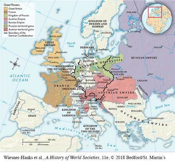 Map shows the great powers of Europe.  Great Britain is shown to contain Ireland, Scotland, and England.  France is shown to look much as it does today.  The Kingdom of Prussia goes along the coast of the Baltic Sea south to the Austrian Empire.  The Austrian Empire goes west from the Ukraine to just west of Vienna and north of Prague.  The Russian Empire is the largest on the map, going east from Moldavia and including the Kingdom of Poland and Finland.  Austrian territorial gains are shown in Croatia, Milan, and Venice and the surrounding areas.  Prussian territorial gains are shown along both the eastern and western borders, as well as around Cologne.