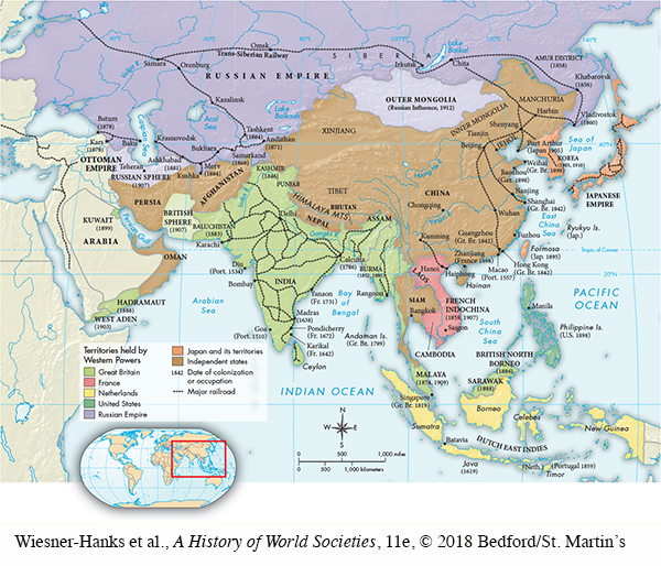 In Asia, the territories held by Western powers were: Under Great Britain's control: West Aden and Hardamaut on the east coast of the Arabian peninsula; India; and Malaya. Under France's control: Laos and French Indochina. Under the Netherland's control: the Dutch East Indies; New Guinea. Under the United State's control: the Philippines. Under the Russian Empire's control: Outer Mongolia. Japan, Korea, and Formosa are part of Japan and its territories. Oman, Persia, Afghanistan, Nepal, Siam, Bhutan, and China are listed as independent states. Major railroads are shown going across the Russian Empire; throughout all of India; throughout Japan; and on the eastern coast of China.