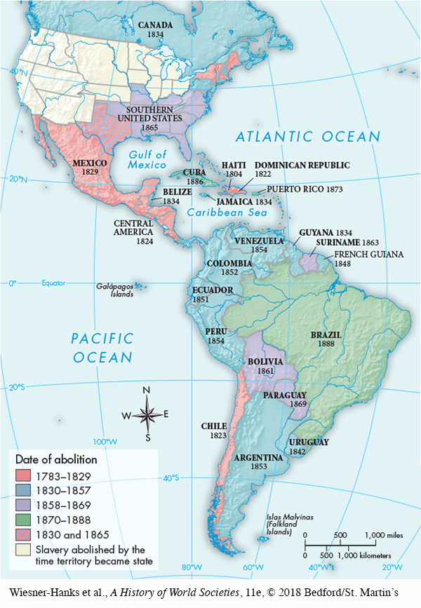 Map shows when abolition happened in different parts of North, Central, and South America. Places that abolished slavery between 1783-1829: Chile (1823); Mexico (1829); Central America (1824); Haiti (1804); The Dominican Republic (1822); Parts of Texas. The New England area of the United States. Places that abolished slavery between 1830-1857: Canada (1834); Pennsylvania; New Jersey; French Guinea (1848); Venezuela (1854); Columbia (1852); Ecuador (1851); Peru(1854); Argentina (1853); Uruguay (1842). Countries that abolished slavery between 1858-1869: Southern United States (1865); Paraguay (1869); Bolivia (1861); Suriname (1863). Places that abolished slavery between 1870-1888: Brazil (1888); Puerto Rico (1873); Cuba (1886). Much of the northern, central and western United states had slavery abolished by the time the territory became a state.