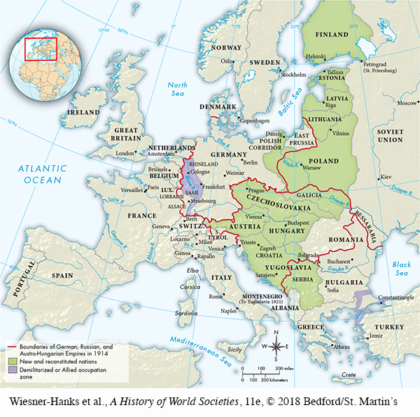 Map shows the changes brought to Eastern Europe after WWI.  Finland, Estonia, Latvia, Lithuania, Poland, Czechoslovakia, Austria, Hungary, and Yugoslavia are shown to be new and reconstituted nations.  The western part of Germany along the Rhine River (including the cities of Cologne and Frankfurt) are shown to be a demilitarized or allied occupied zone, as is a small piece of land east of Constantinople in Bulgaria. Germany lost territory to Poland and Lithuania.