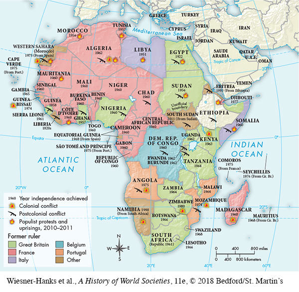 Map shows the different countries in Africa, who they were colonized by, and when they achieved independence.  Great Britain was the former ruler of Egypt (independence achieved 1922); Sudan (1956); Djibouti (1977); Sierra Leone (1961); Ghana (1957); Nigeria (1960); Uganda (1962); Kenya (1963); Tanzania (1964); Zambia (1964); Zimbabwe (1980); Botswana (1966); Rwanda (1962); Burundi (1962); South Africa (Republic 1961). France was the former ruler of Tunisia (1957); Morocco (1956); Algeria (1962); Mauritania (1962); Senegal (1960); Gambia (1965); Guinea (1958); Cote D'Ivoire (1960); Burkina Faso (1960); Mali (1960); Benin (1960); Niger (1960); Chad (1960); Central African Republic (1960); Cameroon (1960); Gabon (1960); Republic of Congo (1960); Madagascar (1960). Italy was the former ruler of Libya (1951); Somalia (1960). Belgium was the former ruler of Democratic Republic of the Congo (1960). Portugal was the former ruler of Guinea-Bissau (1974); Sao Tome and Principe (1975); Angola (1975); Mozambique (1974); Malawi (1964). Other countries freed from colonial powers are Liberia (1820s); Namibia (freed from South Africa in 1990); South Sudan (freed from Sudan in 2011); Eritrea (freed from Ethiopia in 1993). Colonial conflicts are shown to have taken place in Algeria, Western Sahara, Guinea-Bissau, Kenya, Angola, Namibia, Zimbabwe, Mozambique, and Madagascar. Postcolonial conflicts are shown to have taken place in Egypt, Algeria, Western Sahara, Sierra Leone, Liberia, Ghana, Nigeria, Chad, Sudan, Eritrea, Ethiopia, South Sudan, Democratic Republic of Congo, Rwanda, Burundi, Somalia, Mozambique, and Angola. Populist protests and uprisings, 2010-2011 are shown to have occurred in Egypt, Libya, Tunisia, Algeria, Morocco, Western Sahara, Mauritania, Cote D'Ivoire, Sudan, Ethiopia, and Somalia.